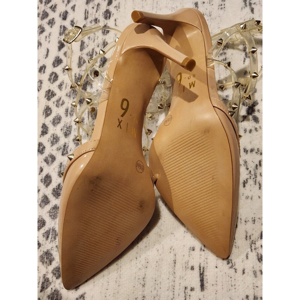 Mix No. 6 Beige Patent Strappy Pointed Toe Studded Ankle Strap Heels 6M - Picture 6 of 7